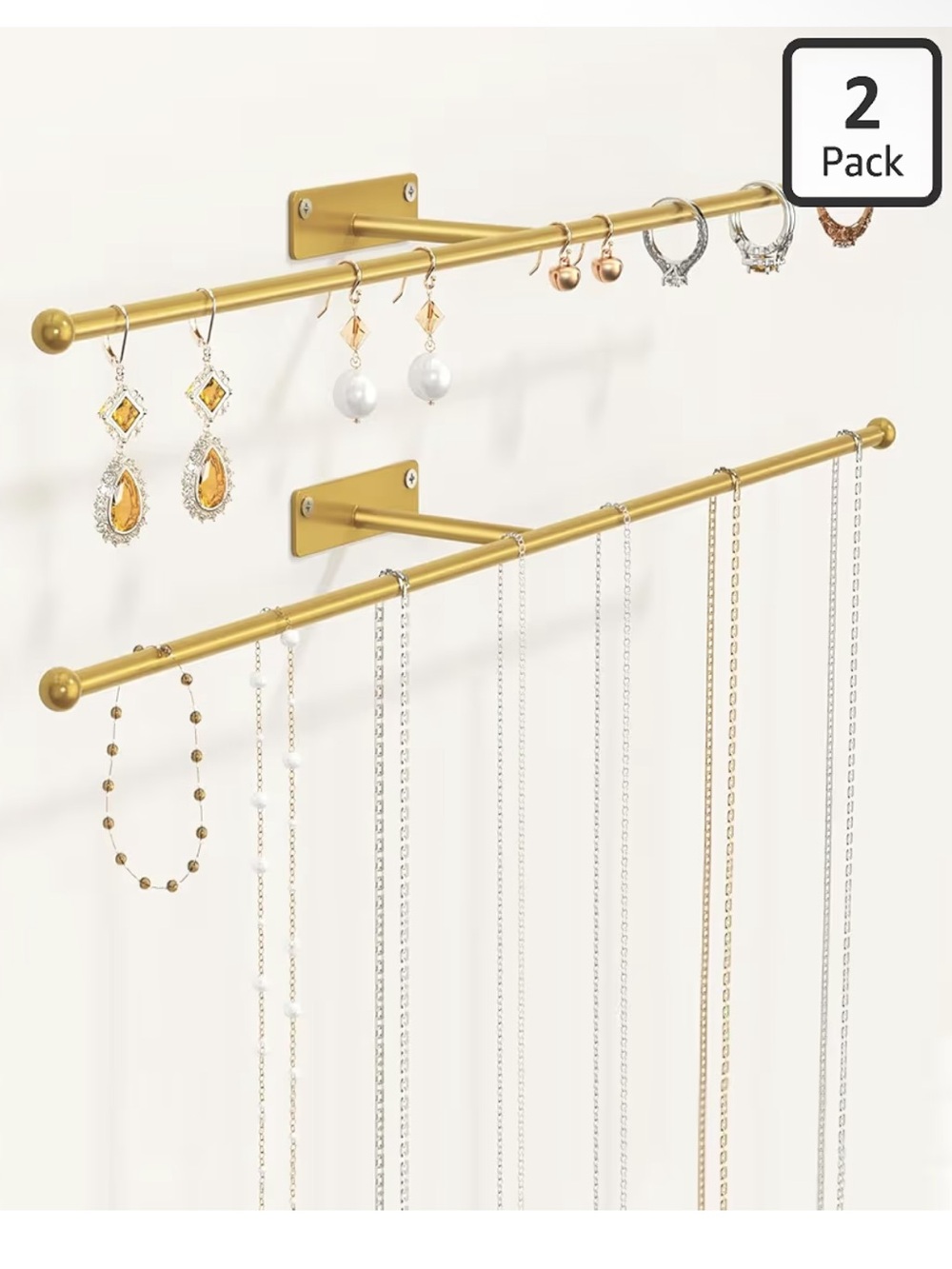 Gold Wall-Mounted Jewelry Organizer Rods - 2 Pack